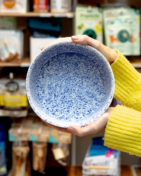Handmade Ceramic Dog Bowl in Blue Speckle (Made in the USA)