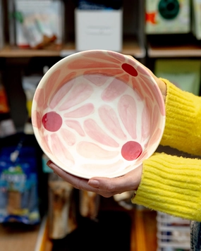 Handmade Ceramic Dog Bowl in Pink & Red Retro Flower (Made in the USA)