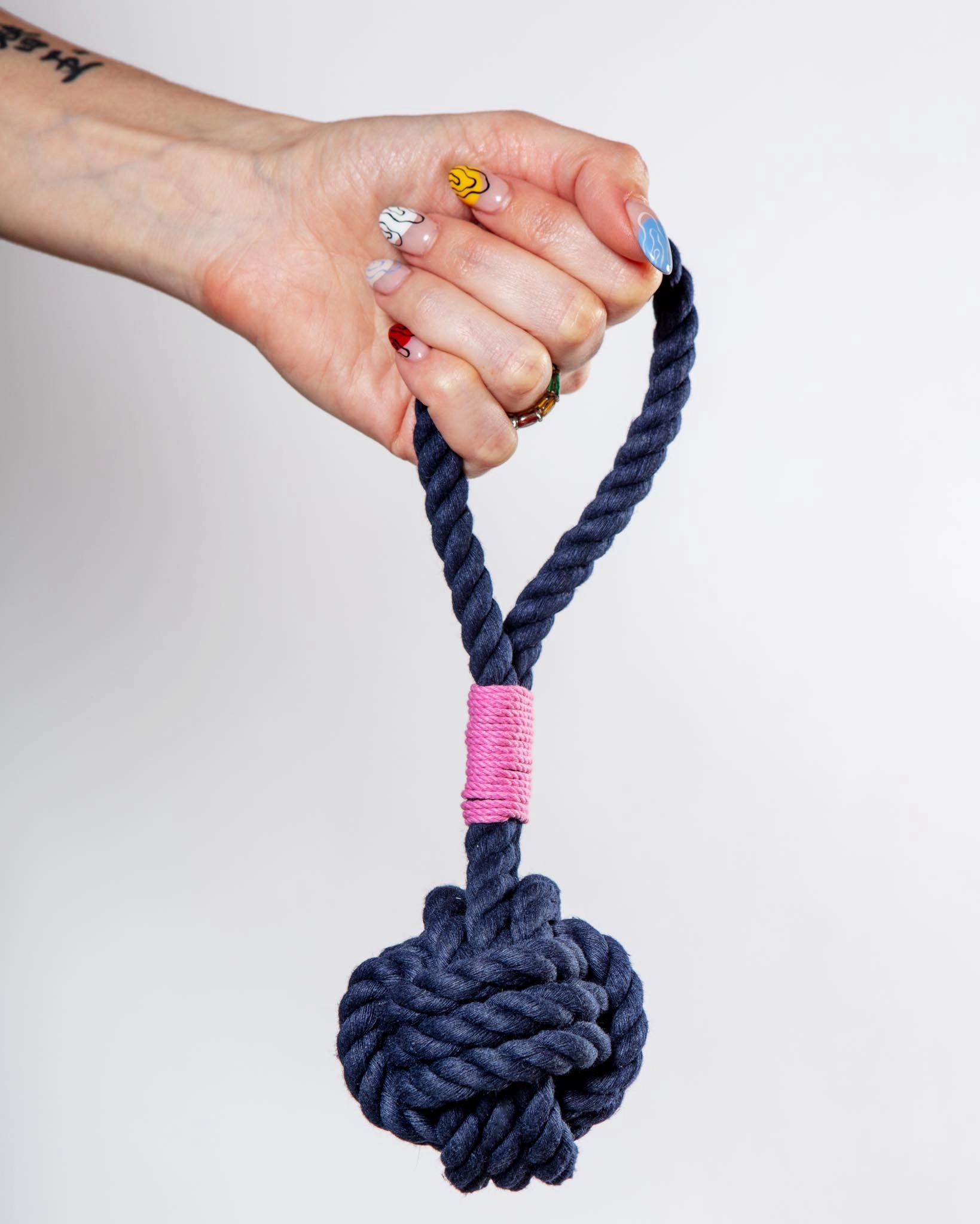 Monkey Fist Rope Dog Toy in Navy with Pink Whipping (Made in the USA)
